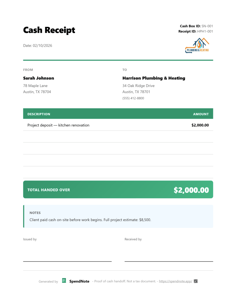 custom cash receipt emailed as PDF with business logo - branded downloadable receipt