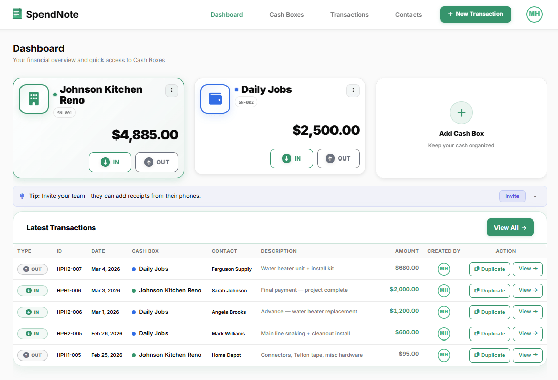 SpendNote dashboard showing contractor cash boxes organized by project