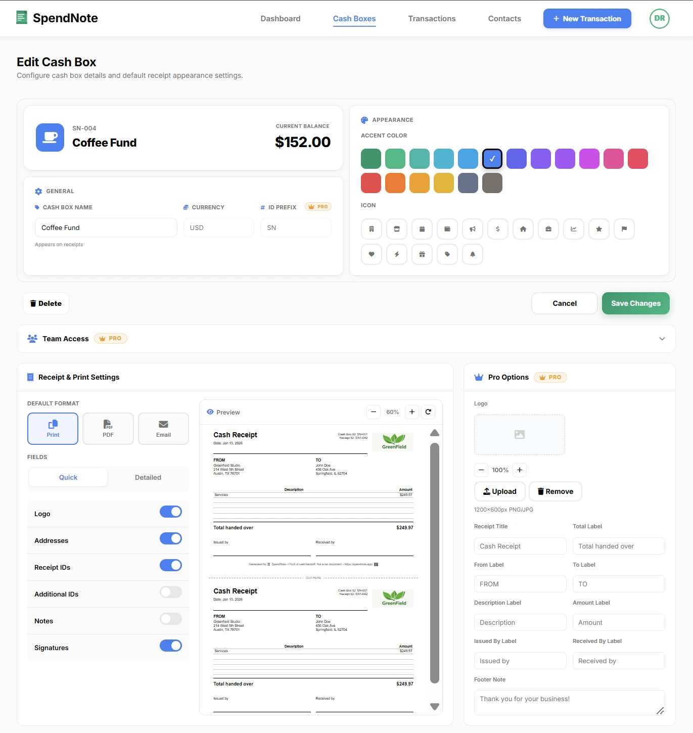 SpendNote cash box settings for receipt label customization