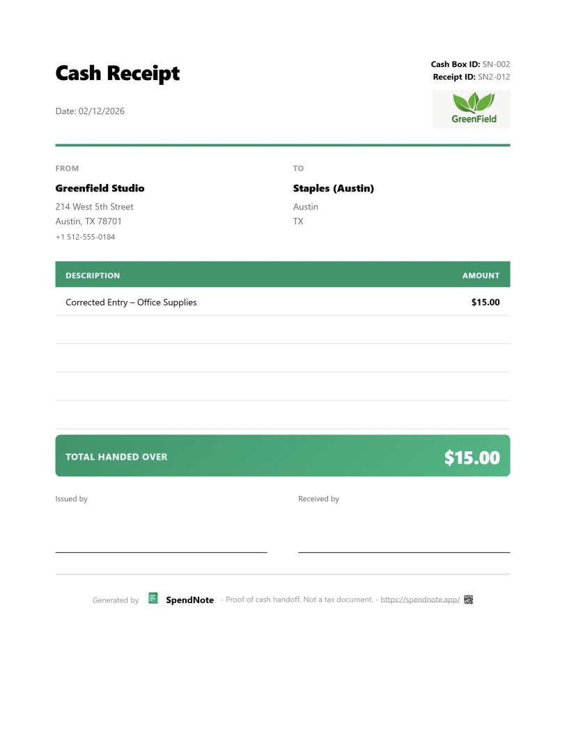 Sample petty cash voucher receipt for office supplies