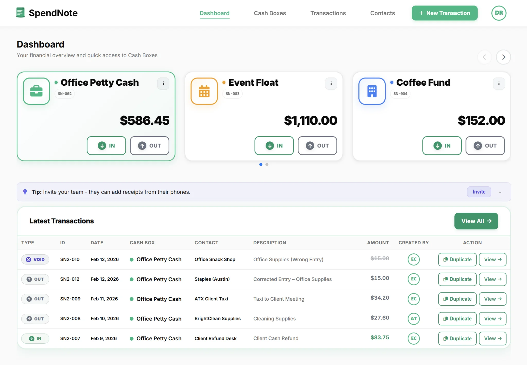 Digital petty cash book dashboard showing multiple cash boxes with current balances