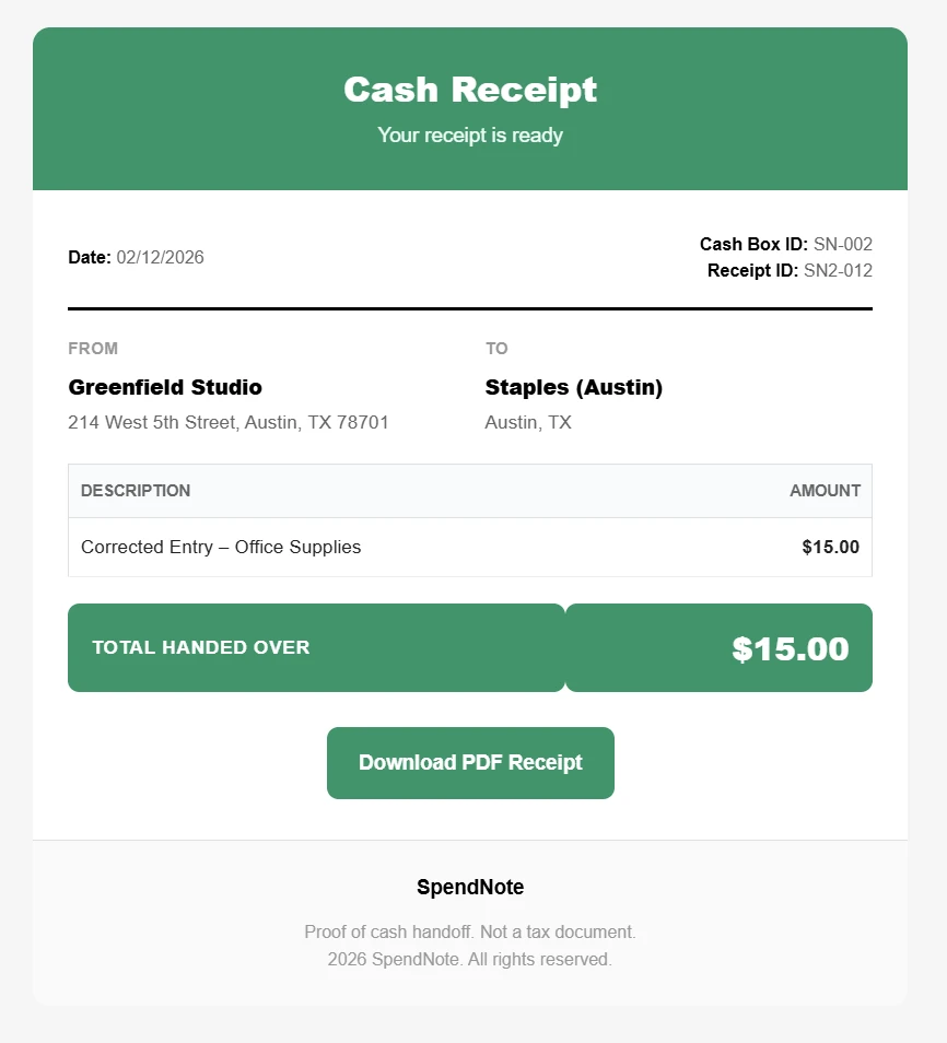 cash deposit receipt emailed as PDF - proof sent to deposit payer