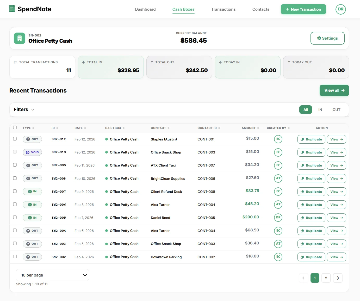 Office petty cash log dashboard showing transaction history and running balance