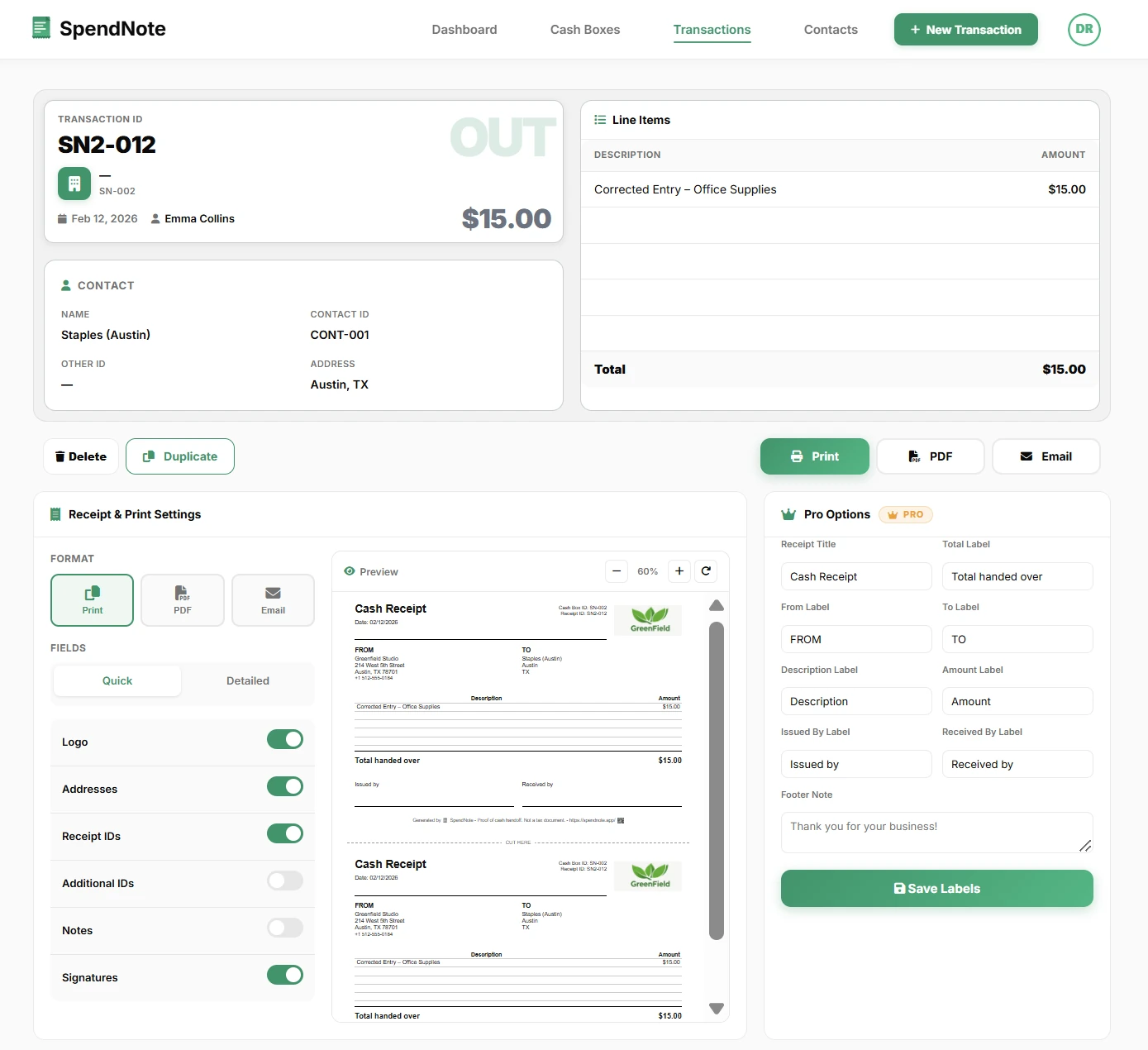 Transaction detail view in digital petty cash book with receipt download and resend options