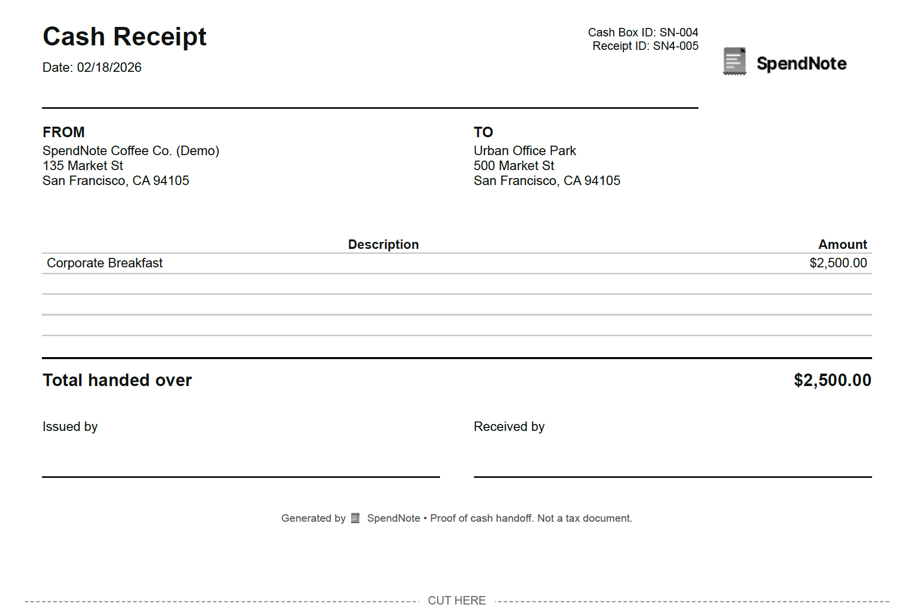 SpendNote cash receipt screenshot for print and sharing